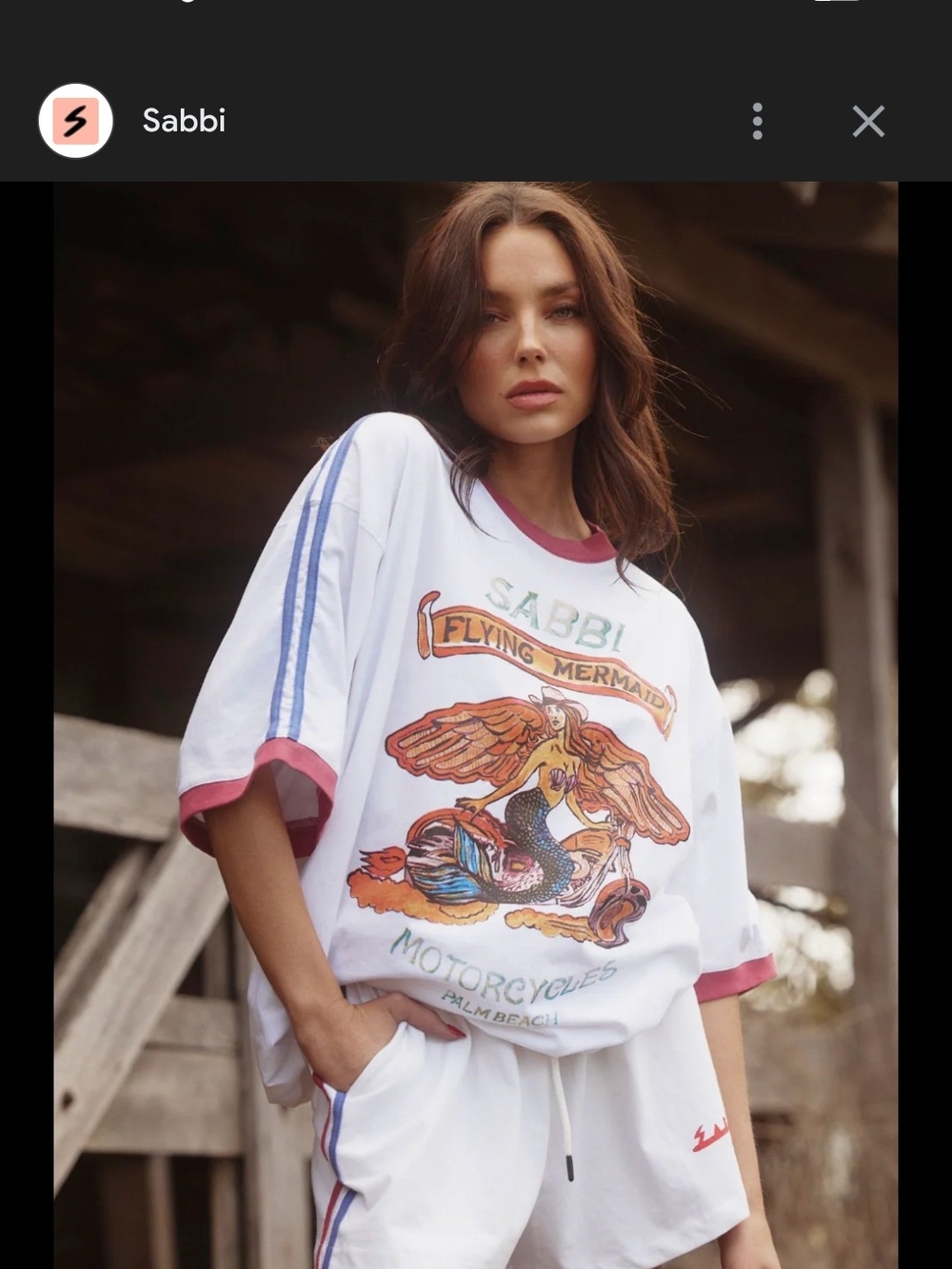 Sabbi White 'Flying Mermaid' Graphic Ringer Tee